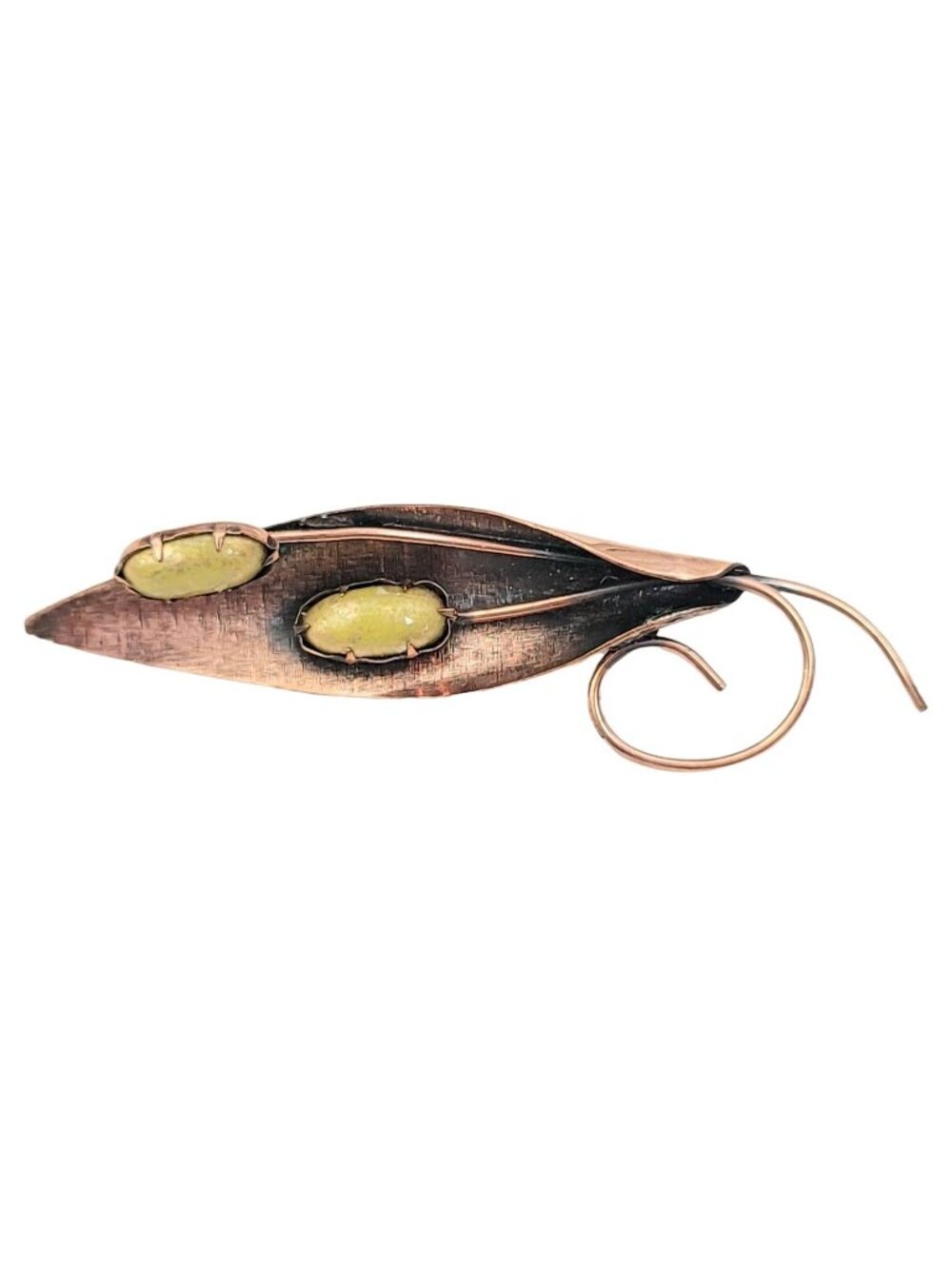 Matisse Renoir Copper Leaf Green Oval Cabochon Leaf Brooch, Signed